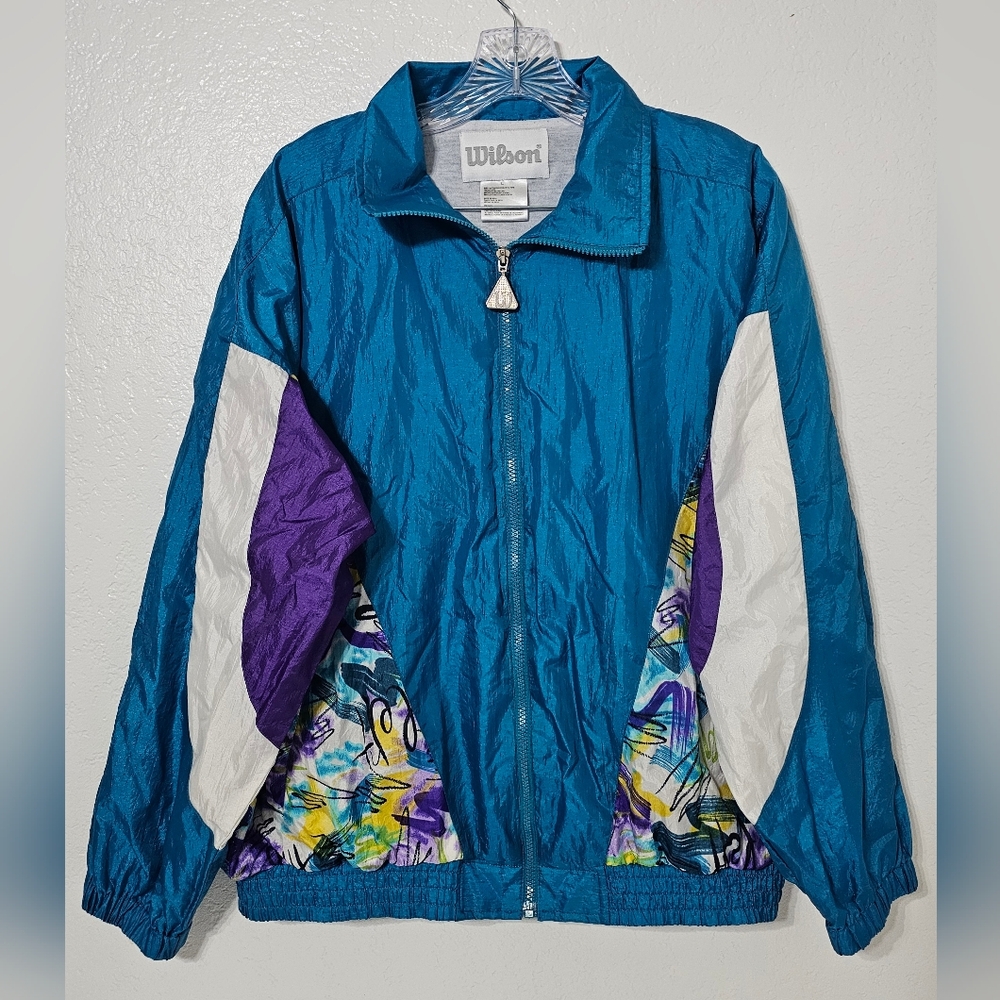 Vintage 90s Wilson Colorblock Windbreaker Jacket Teal Purple Abstract Size L